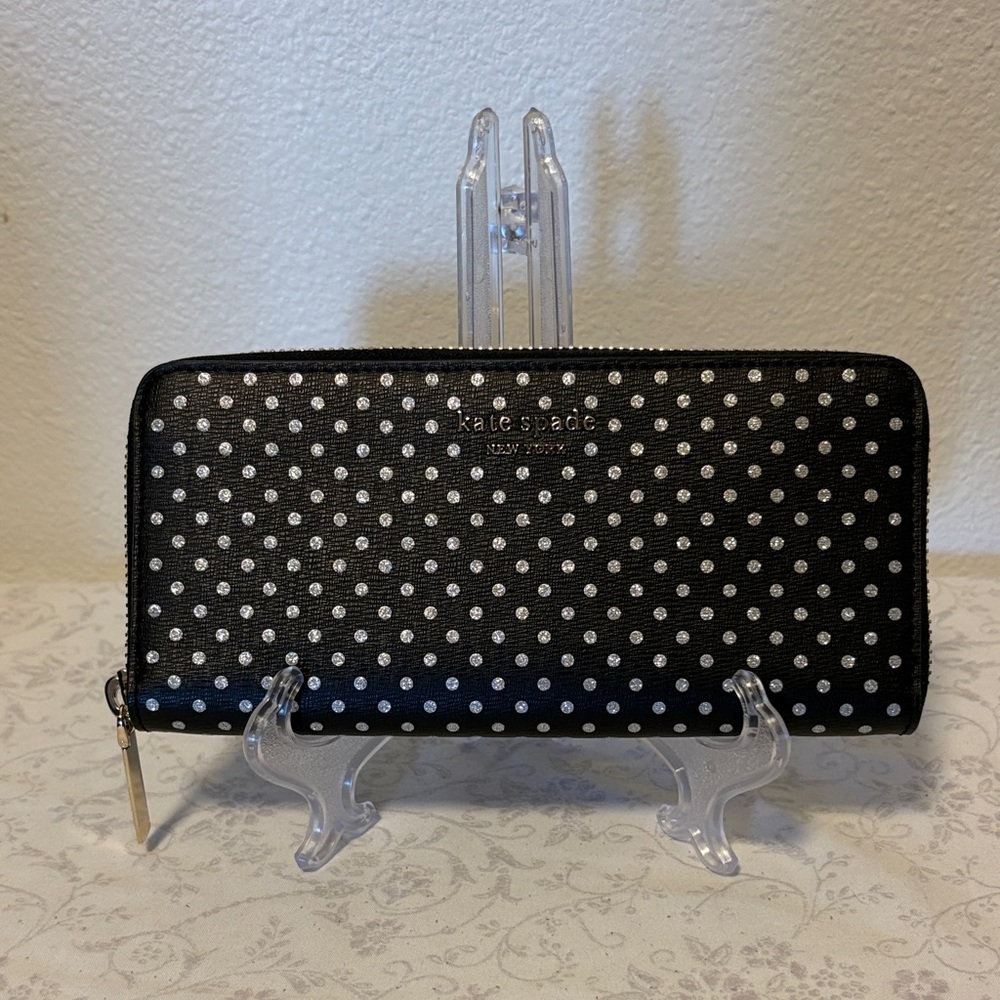 Kate Spade Spencer Continental Black and Silver Polka Dot Wallet